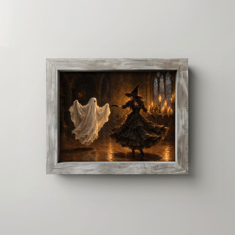 Phantom in white fabric dancing with black-robed enchantress wall art for study — eerie Halloween painting with warm amber lighting