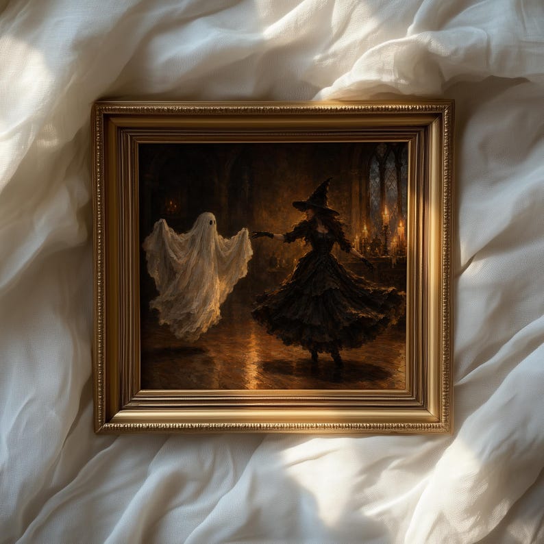 Ethereal specter dancing with pointed-hat villain wall decor for Halloween — moody oil painting style with textured museum-quality finish