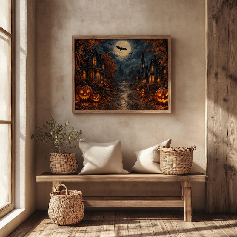 Gothic autumn painting printable art for home office — bats silhouetted against full moon above cozy village lantern lights