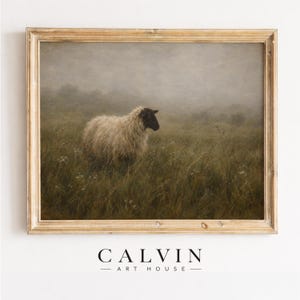 Sheep in tall grass digital print — rustic farmhouse aesthetic with hazy, peaceful ambiance