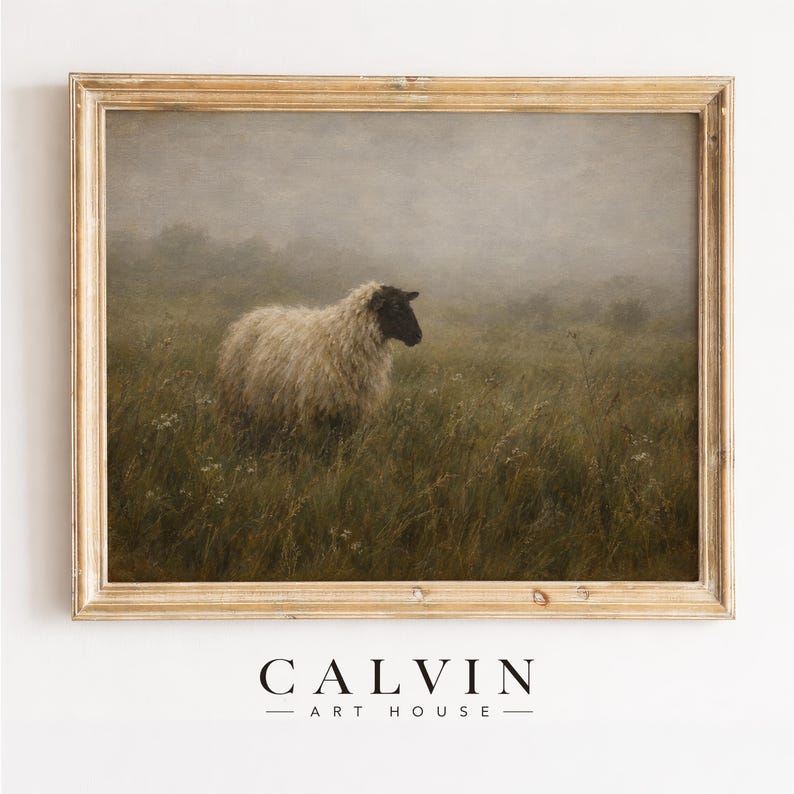 Sheep in tall grass digital print — rustic farmhouse aesthetic with hazy, peaceful ambiance