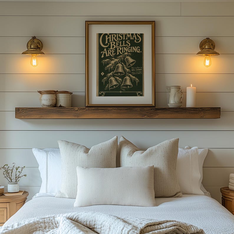 Retro bell illustration poster featuring snowy pine branch and aged sheet music layout for holiday home displays