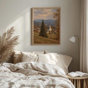 White country church printable art for living room — rustic autumn landscape with golden foliage and rolling hills