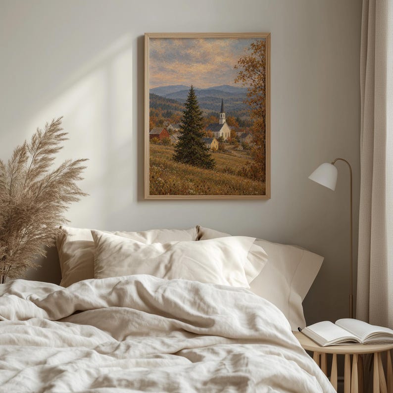 White country church printable art for living room — rustic autumn landscape with golden foliage and rolling hills