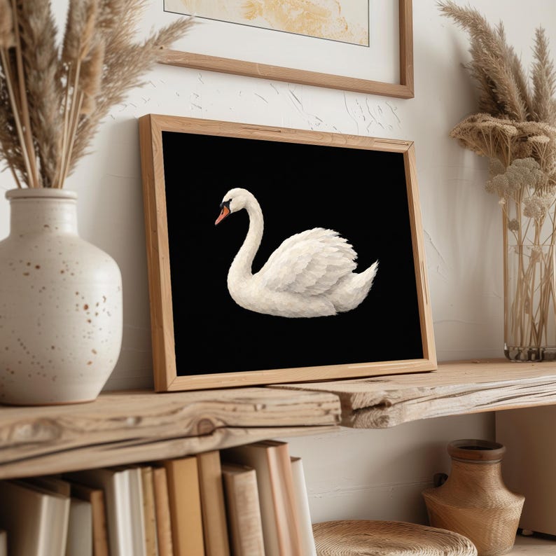 Swan print digital download — delicate bird artwork with painterly brushwork and moody sophisticated vibe