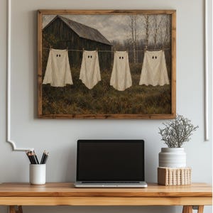 Ghostly laundry drying on line digital print for hallway — charming vintage cottagecore Halloween wall art with earthy palette
