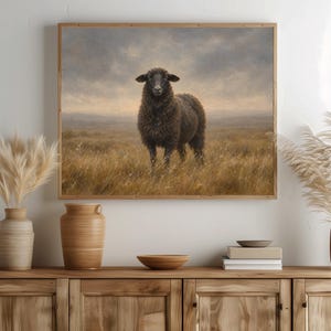 Sheep in golden field picture — countryside cottagecore art with atmospheric haze and earthy tones