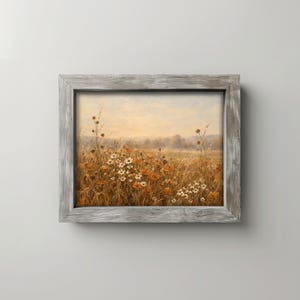 Hazy autumn landscape poster for bedroom — textured painterly wildflower scene with cream and golden undertones