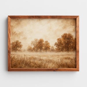 Moody fall field poster featuring vintage-inspired brushwork and foggy pastoral scenery