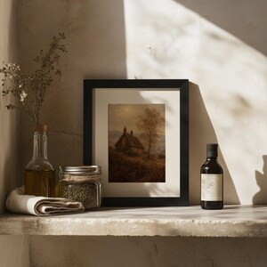 Autumn harvest cottage digital print wall art — wild shrubbery, glowing sun, textured vintage finish