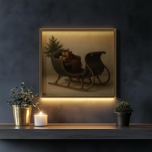 Farmhouse holiday sleigh artwork with neutral tones and textured painting style perfect for cottage Christmas décor