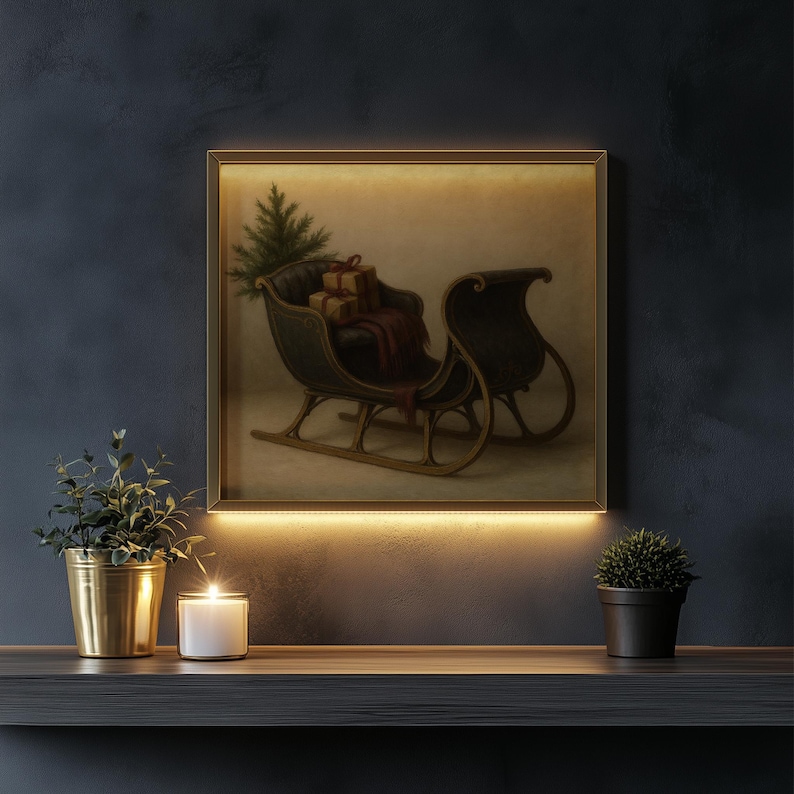 Farmhouse holiday sleigh artwork with neutral tones and textured painting style perfect for cottage Christmas décor