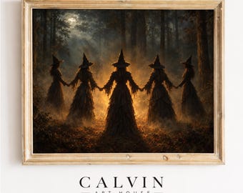 Vintage Witches Moonlit Halloween Print, Moody Gothic Fall Wall Art (Digital Download)