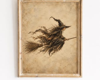 Vintage heksenschets in inkt, gotische Halloween-muurdecoratie (digitale download)