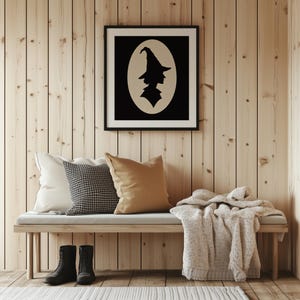 Enchantress profile artwork printable for study room — cream oval frame with black silhouette and sophisticated Halloween charm