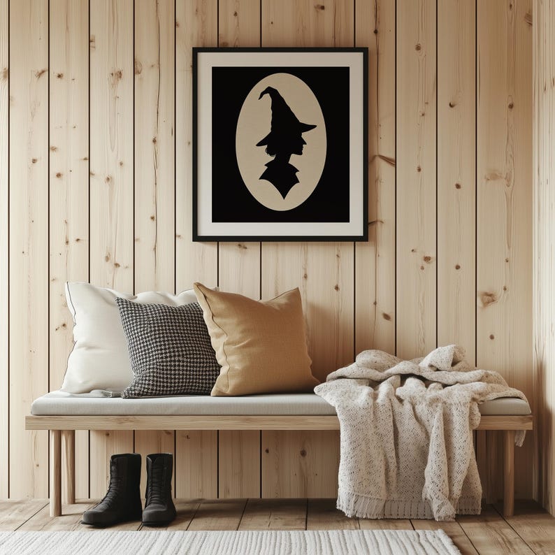 Enchantress profile artwork printable for study room — cream oval frame with black silhouette and sophisticated Halloween charm