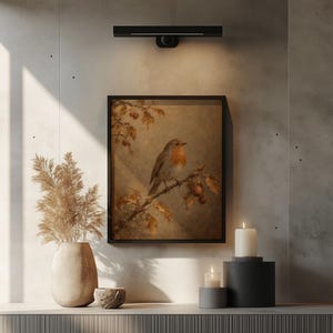 Robin with red breast poster printable art for bedroom — vintage autumn woodland aesthetic