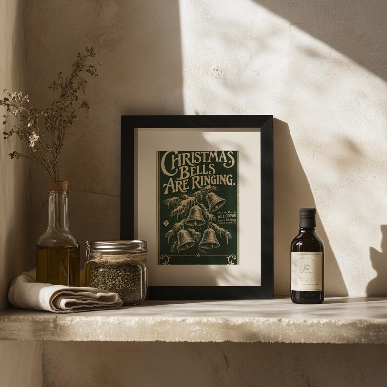 Vintage holiday bells poster art with hand-drawn illustration, seasonal typography, and aged paper aesthetic