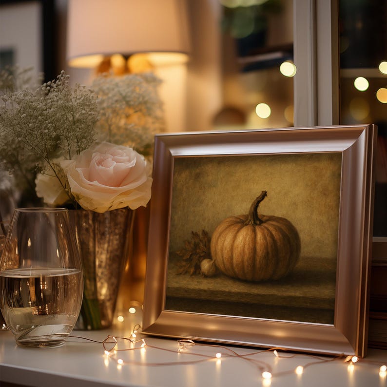 Fall harvest still life poster art for farmhouse decor — warm ochre and brown tones with soft, painterly composition