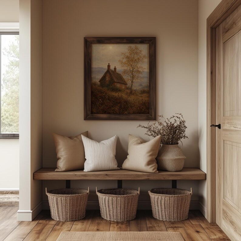 Rural homestead painting for gallery wall — cottagecore charm with soft golden light and misty backdrop