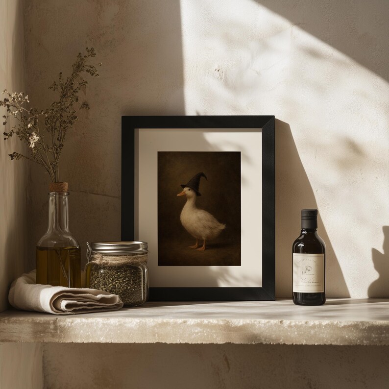 Witch duck portrait printable art for Halloween — spooky vintage painting with gothic charm
