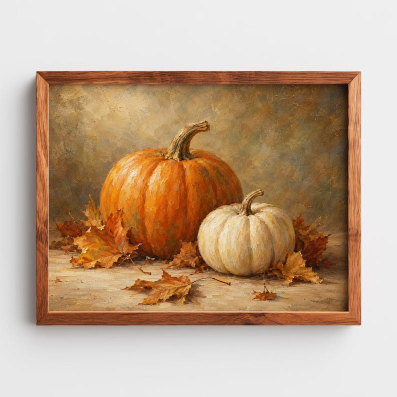 Botanical autumn poster for bedroom — pumpkin still life with muted greens and aged background texture