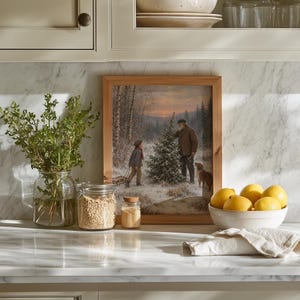 Multigenerational holiday tradition artwork — vintage forest landscape capturing timeless Christmas tree shopping ritual and warmth
