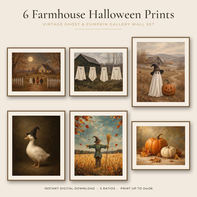 K&ouml;nnte beinhalten: Ein Set aus 6 Farmhouse Halloween Prints mit Vintage-Geister- und K&uuml;rbismotiven. Die Sammlung enth&auml;lt Illustrationen von Geistern, einer Ente mit Hexenhut, einer Vogelscheuche und K&uuml;rbissen, jeweils mit braunen Rahmen und Text oben und unten.