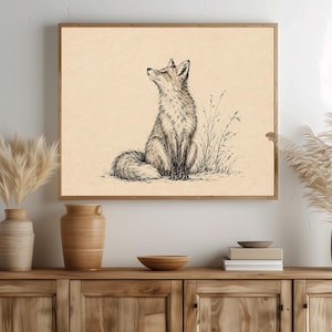 Hand-drawn fox line drawing poster for study — detailed crosshatching on cream with peaceful nature mood