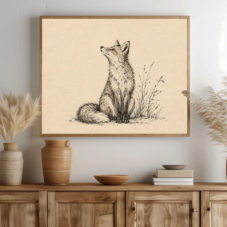 Hand-drawn fox line drawing poster for study — detailed crosshatching on cream with peaceful nature mood