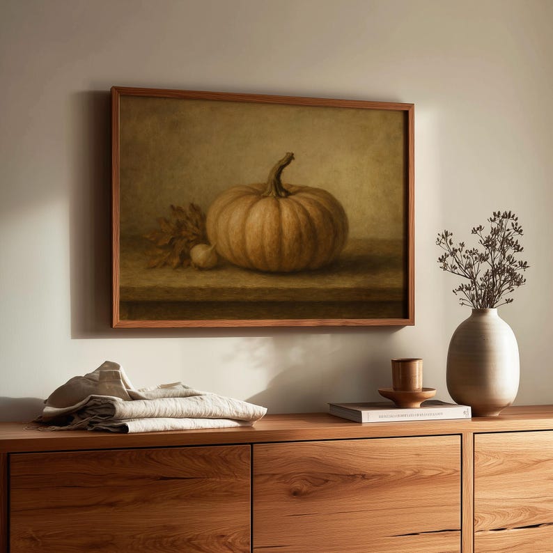 Pumpkin with dried botanicals poster art for cottagecore kitchen — warm muted autumn colors and shadowy composition