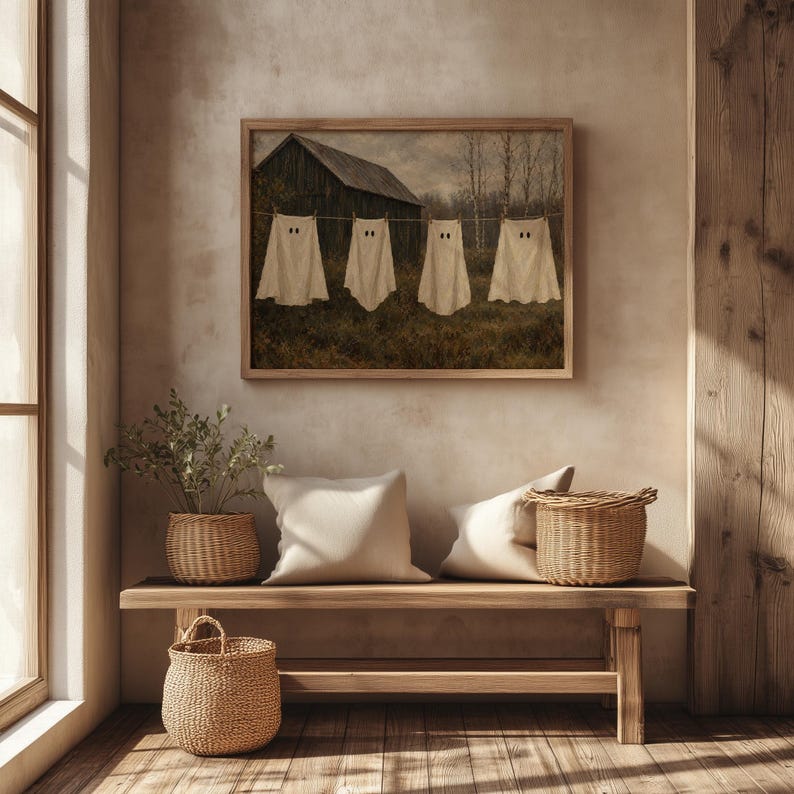 Sheet figure hanging line wall art for fall display — cozy haunting rustic farmyard scene with earthy muted tones