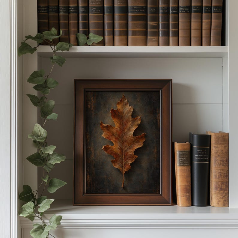 Harvest leaf picture printable art for farmhouse — sophisticated autumn botanical with aged patina