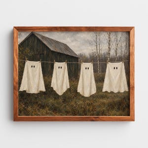 Ghost sheet line digital print for gallery wall — charming cottagecore Halloween scene with rustic wooden barn and countryside charm