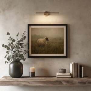 Sheep standing in pasture wall decor — atmospheric landscape painting with soft textured style