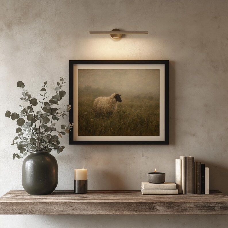 Sheep standing in pasture wall decor — atmospheric landscape painting with soft textured style
