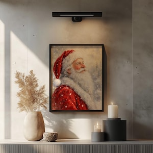 Santa Claus portrait printable art for bedroom — vintage Christmas painting with falling snow and nostalgic charm