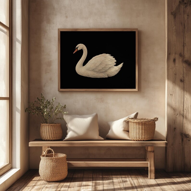 Elegant bird picture printable art for entryway — classic swan with ivory plumage against charcoal background