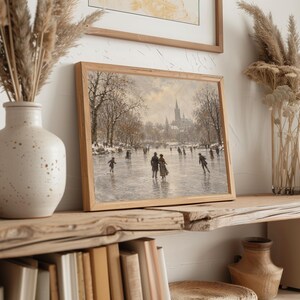 Classic holiday painting picture for dining room — nostalgic frozen pond scene with snow-laden trees