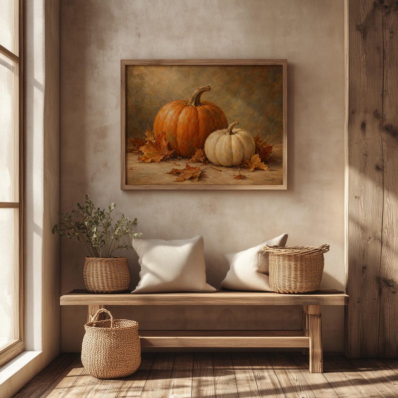 Vintage harvest scene digital print for entryway — gourd composition with dried foliage on wood surface