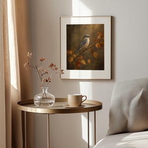 Blue-gray bird art for cozy spaces — old-world nature painting with dark romantic background