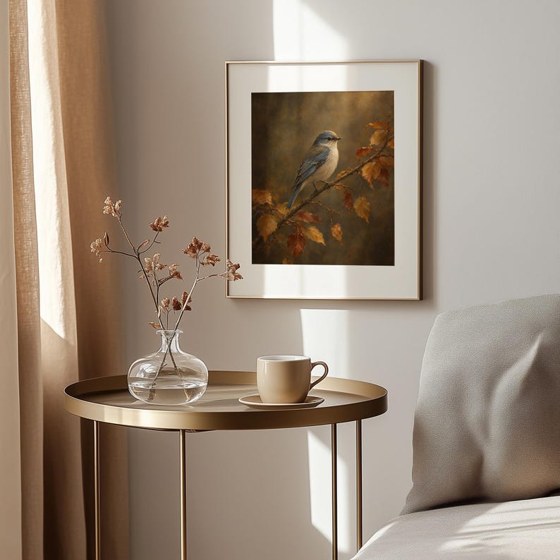 Blue-gray bird art for cozy spaces — old-world nature painting with dark romantic background
