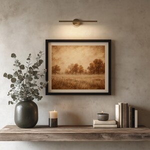 Soft-textured fall landscape poster printable — warm sepia tones, wild grass, and moody countryside vibes