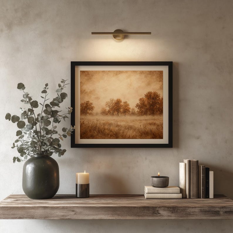 Soft-textured fall landscape poster printable — warm sepia tones, wild grass, and moody countryside vibes