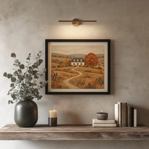 Harvest season cottage picture for seasonal decor — textured brushwork featuring peaceful rural setting
