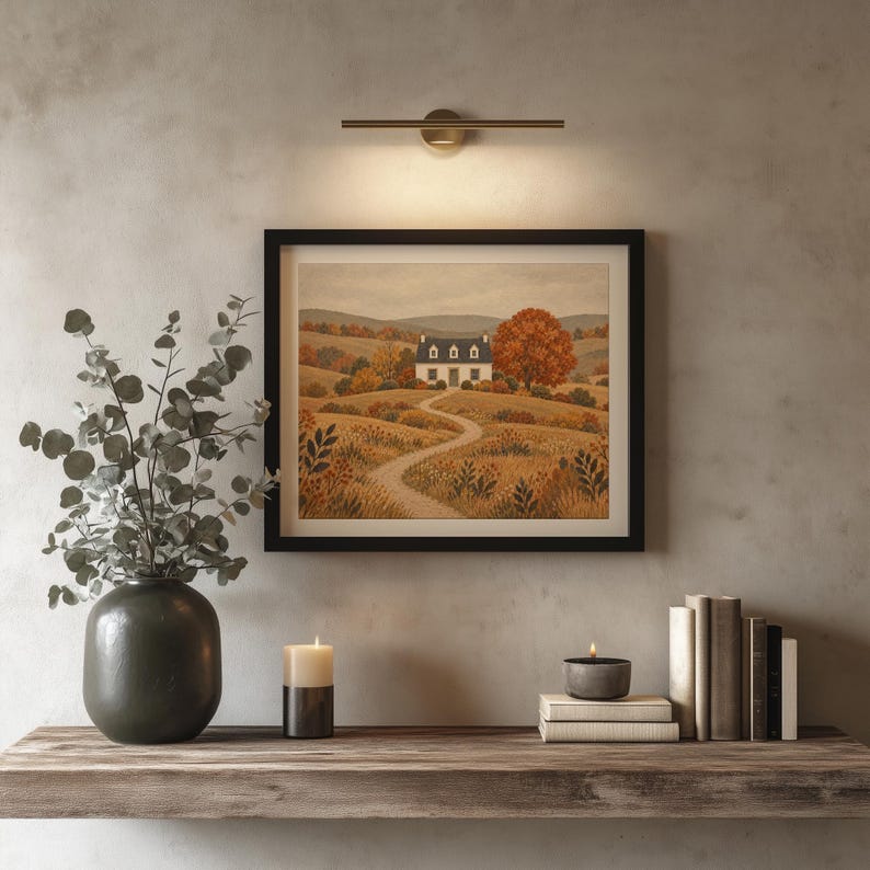 Harvest season cottage picture for seasonal decor — textured brushwork featuring peaceful rural setting