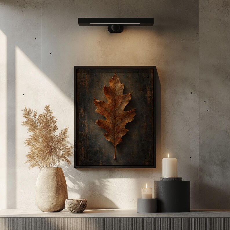 Heritage leaf artwork printable for library wall — antique-style botanical with copper accents