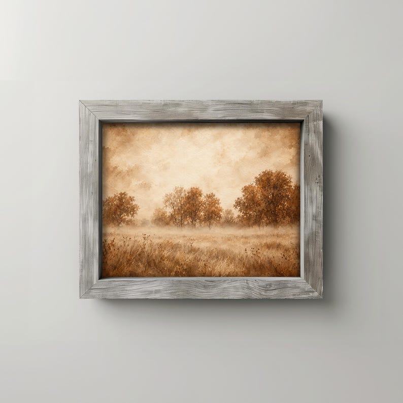 Weathered woodland field poster featuring brushed texture and vintage sepia color palette