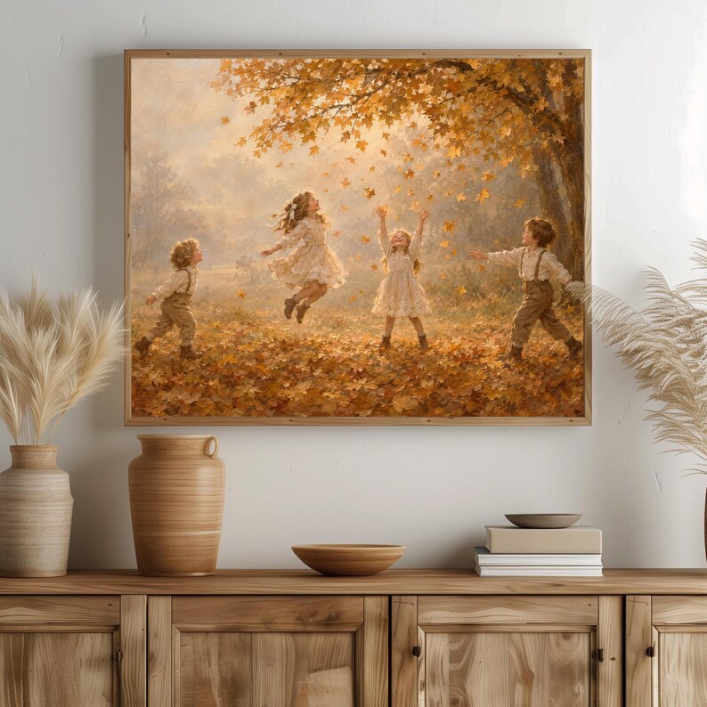 Children playing under maple tree printable art for nursery — vintage autumn scene with golden leaves and cozy farmhouse charm