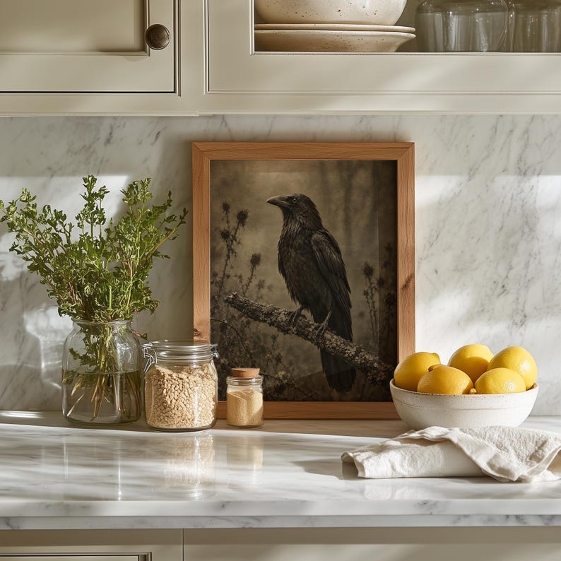 Mysterious crow on twig printable wall art — aged aesthetic featuring hazy foliage and botanical shadow details